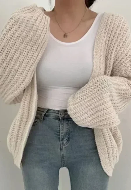Korean V-Neck Cardigan - Vintage Style Open Front Sweater