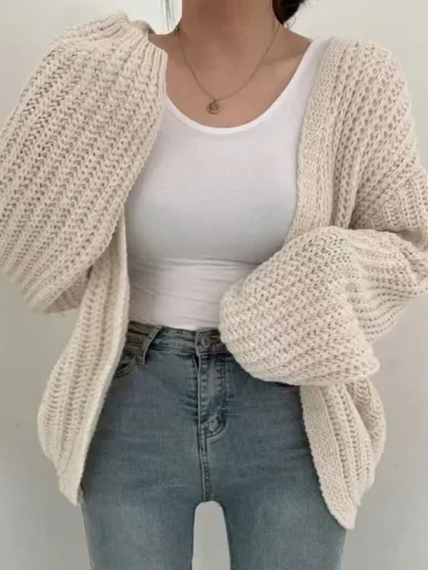Korean V-Neck Cardigan - Vintage Style Open Front Sweater