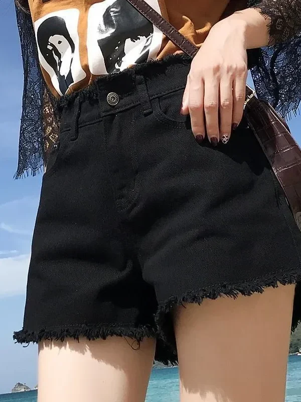 Spring Summer Women Short Jeans Women Wide Leg Denim Shorts Fashion Female High Waist Black Tassels Caual Denim Shorts Girls