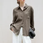 Vintage Linen Shirts Women Long Sleeve Button Up Turn Down Collar Casual Fashion Loose Blue Streetwear Office Lady Chic Blouse - Image 5