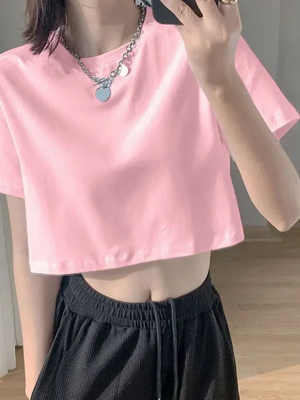Summer Fashion Women's Clothing Top Y2K loose Short Sleeve T-shirt  Solid Color Street Women Crop Top