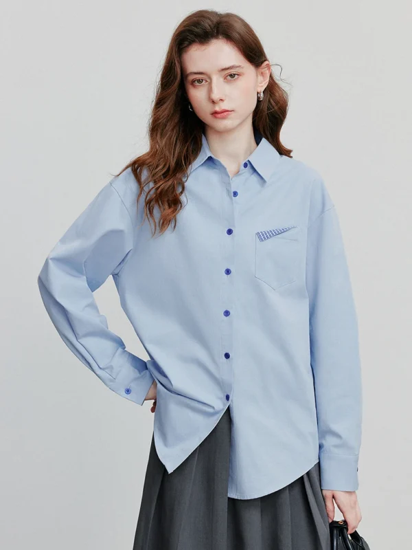 Stylish Women's Cotton Blouse with Pocket for Autumn Chic