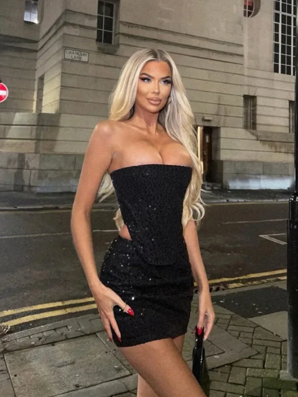 Sparkling Strapless Denim Tank & Mini Skirt Set for Parties