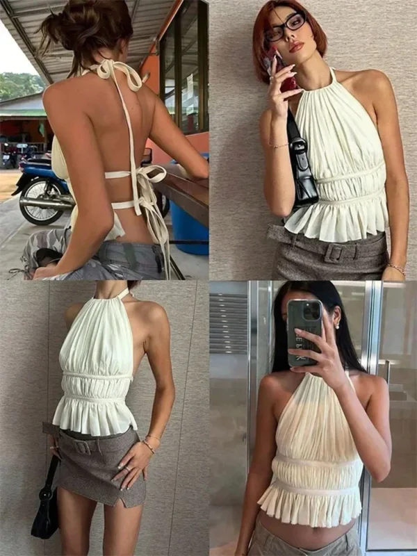 Backless Pleated Halter Top for Women Summer Sweet Off the Shoulder Ruffles Hem Tank Top Camisole Y2K Clothes Streetwear