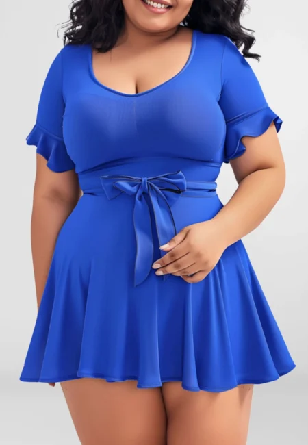 Flycurvy Plus Size Vacation Royal Blue Bow Flounce Swimdress