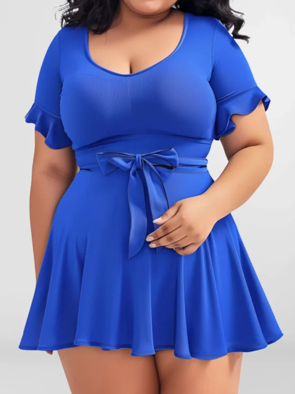 Flycurvy Plus Size Vacation Royal Blue Bow Flounce Swimdress
