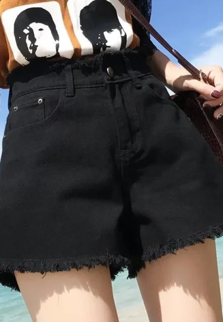 Black High-Waist Wide-Leg Denim Shorts - Summer Casual Style