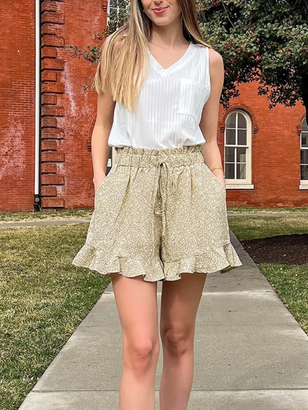 Summer Beach Shorts Skirts Women Skort Floral Printed Sweet High Waist Wide Leg Shorts Casual Ruffles Hem Stretch Boho Pants