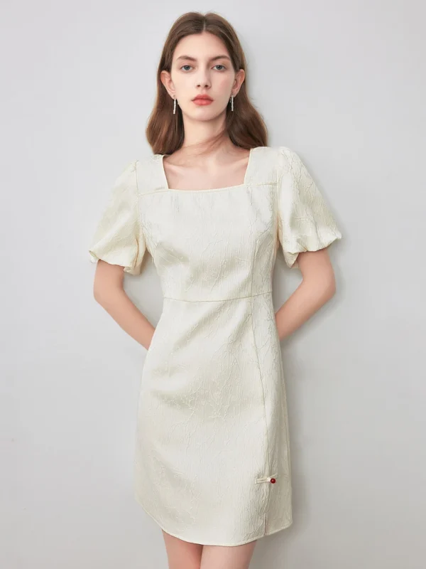 Sophisticated Jacquard Cheongsam Dress with Puff Sleeves