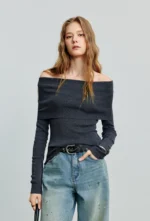 Chic Women's Gray Wool Sweater with Stylish Slash Collar