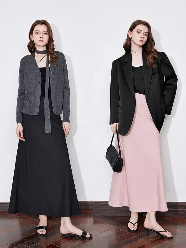 TOYOUTH Women Skirt  Spring New French Style Solid Color Ankle Length Elegant A Line Skirt