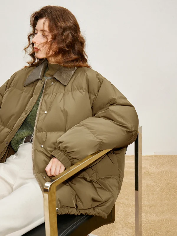 TOYOUTH Women 90% White Duck Down Jacket  Winter New Barn Style Spliced Leather Collar Thicking Wark Short Coat