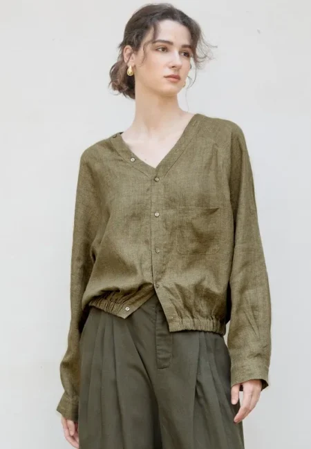 Green Linen V-Neck Blouse - Professional Office Wear Spring