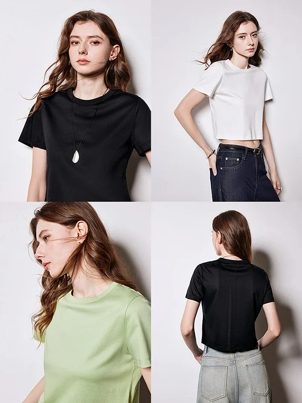 TOYOUTH Women Short Sleeve T-shirt  Spring New Silk Round Neck Pullover Short Tops