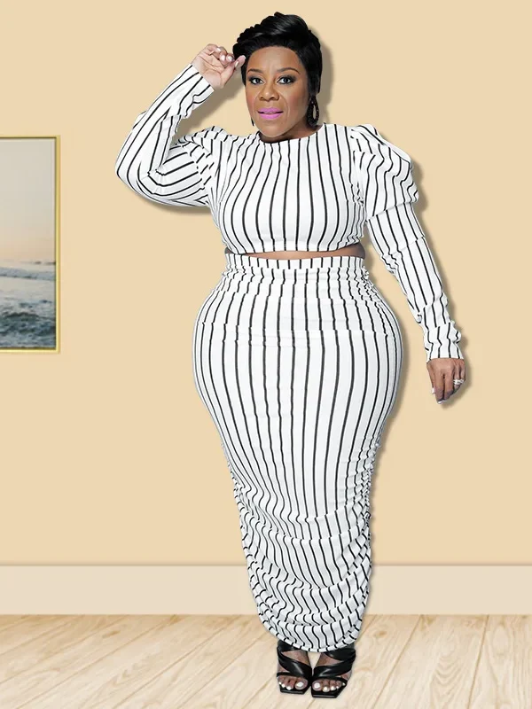 Chic Plus Size Stripe Bubble Sleeve Summer Casual Outfit