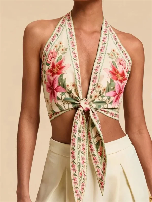 Knot Front Halter Crop Top for Women Summer Sleeveless Graphic Floral Printed V-neck Backless Tank Top Y2K Clothes