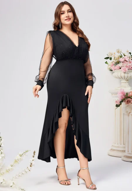 Flattering V-Neck Dress: Mesh Sleeves, A-Line & Ruffles