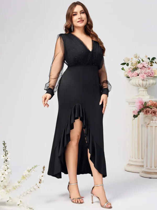 Flattering V-Neck Dress: Mesh Sleeves, A-Line & Ruffles