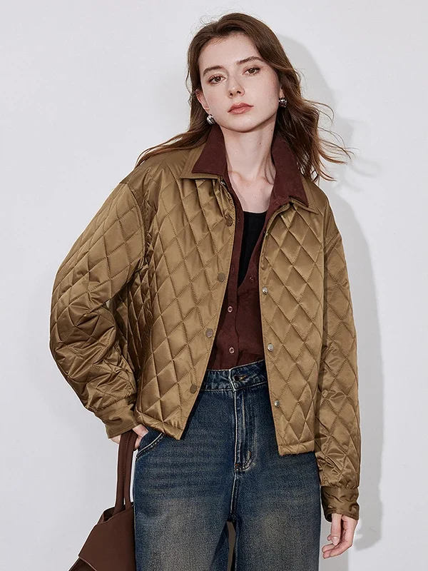 TOYOUTH Women Cotton Jacket  Autumn and Winter New Old Money Style Grid POLO Collar Snap Button Short Jacket Coat Brown
