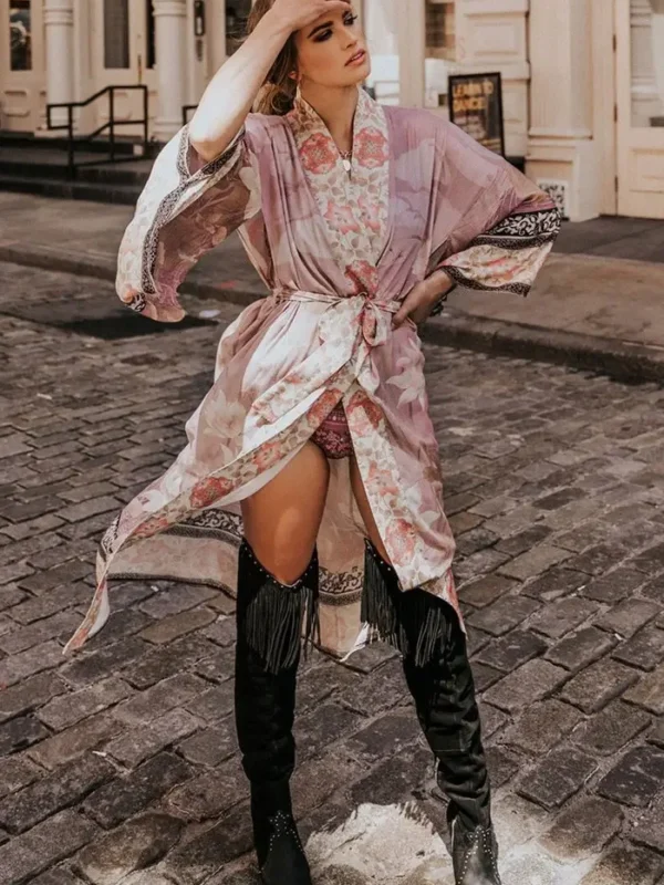 Boho Pink Kimono Cover-Up Dress for Chic Beach Style