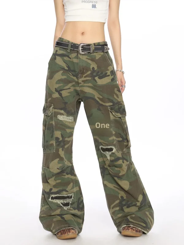 American Washed Vintage Camouflage Work Trousers Loose Wide Leg Casual Long Pants for Men And Women with Multiple Pockets