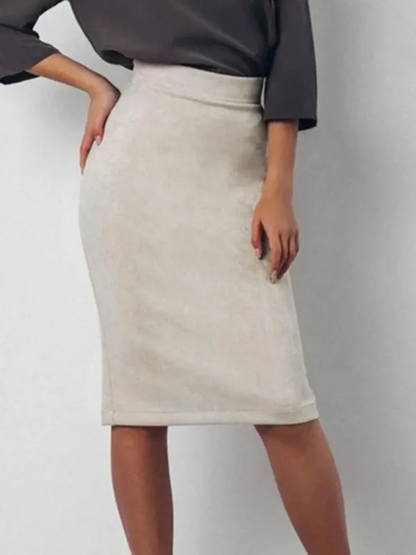 Women Pencil Skirt Faux Suede Style High Waist Hip Wrapped Solid Color Skirt Back Slit Design Zipper Placket Knee-Length Skirt