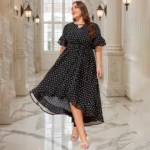 Elegant Plus Size Polka Dot V-Neck Maxi Dress with Pockets - Image 3