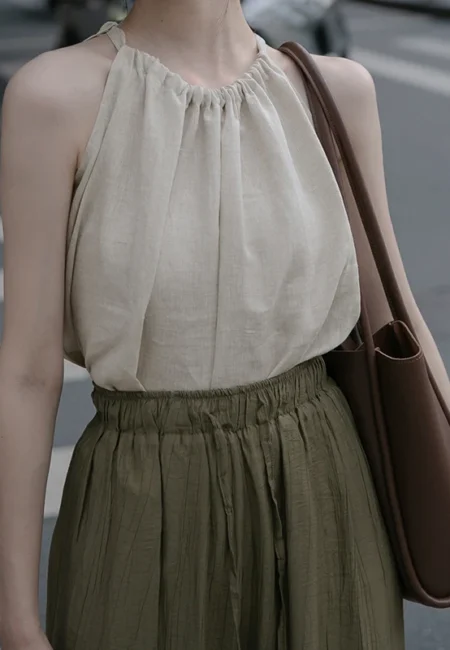 Linen Halter Summer Top for Women - Vintage Korean Style