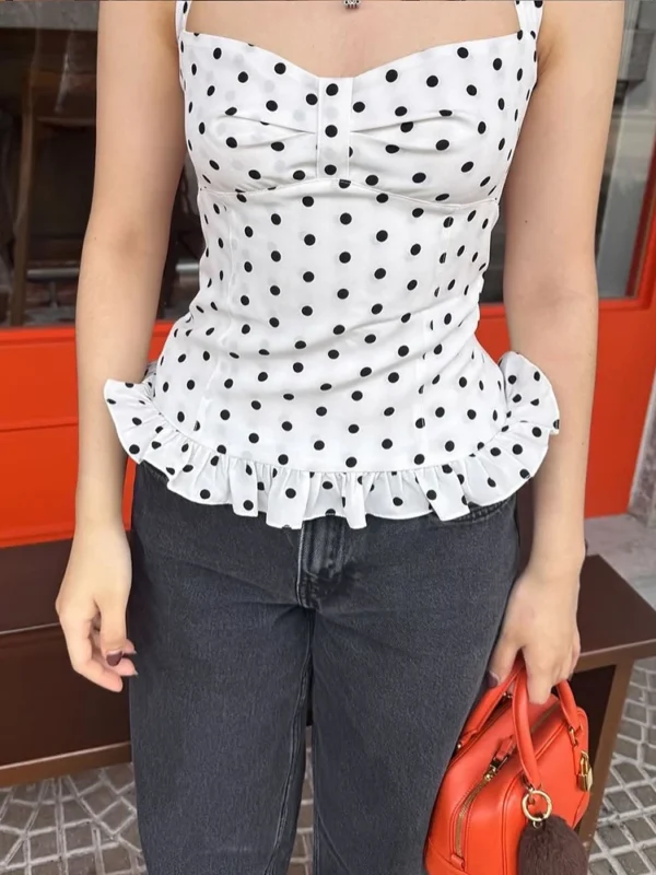 Stunning White Polka Dot Halter Top - Ruffled Backless Style