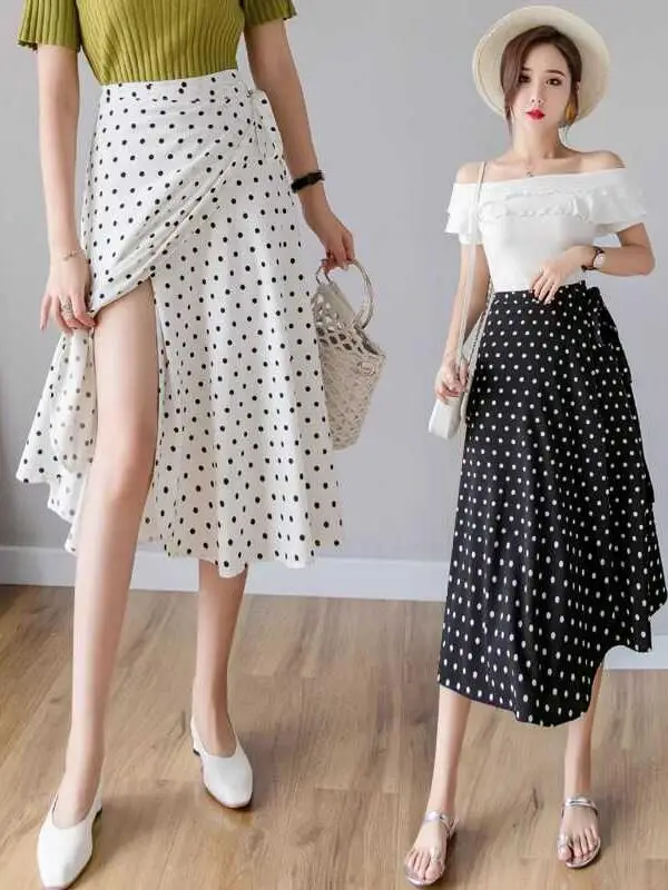 Summer High Waist White Polka Dot One-Piece A-Line Dr Beach Sunscreen Skirt Ele Wraparound Skirt for Women
