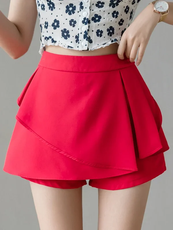 Spring Summer Chiffon Puffy f-length Skirt Women's High-waist Asymmetrical Red A-line Skirt with Lace Trim Commute Sle