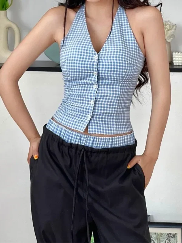 Moopsi 61 Trendy Women'S Plaid Halter Crop Top - Summer Street Style