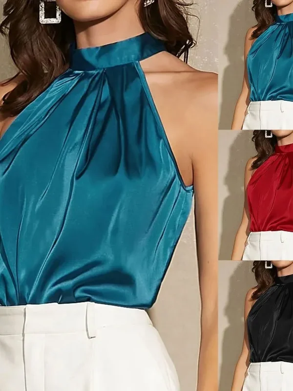 Elegant Satin Halter Neck Tank Tops Women's Sleeveless Solid Color T Shirt Basic Crop Tops Fashion Image Ladies Clothing Camisas