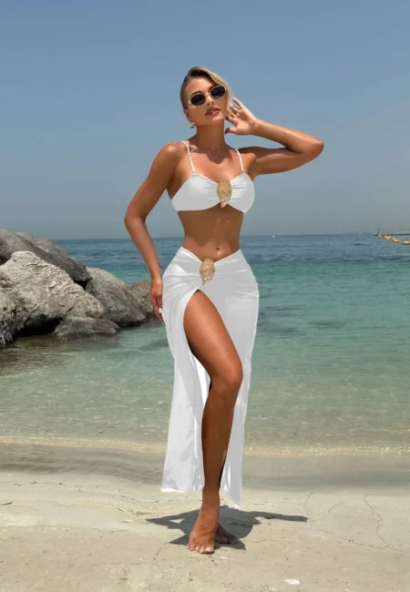 Vintage White 3-Piece Bikini Set - Mesh Skirt & Buckle Details