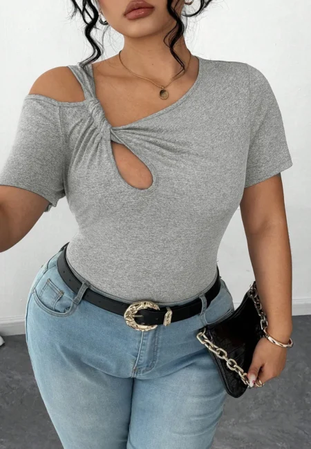 Flower Gray Slant Collar Tee - Irregular Cut Summer Top