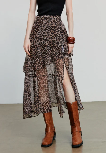 Leopard Print Chiffon A-Line Skirt - Ankle Length Fall Style
