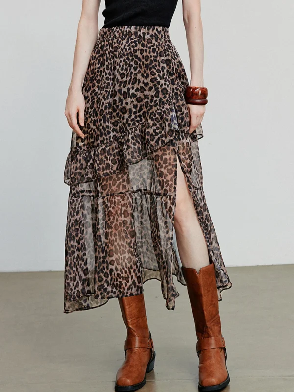 TOYOUTH Women Ankle Skirt  Autumn New Wilderness Nomadic Style Leopard Printed Open Slit Chiffon Elegant Skirt