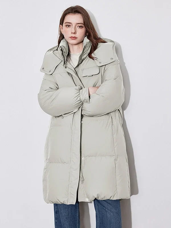 TOYOUTH Women 90% White Duck Down Jacket  Winter New Hooded  Waist Solid Thick Extra Length Parkas Coat Jacket