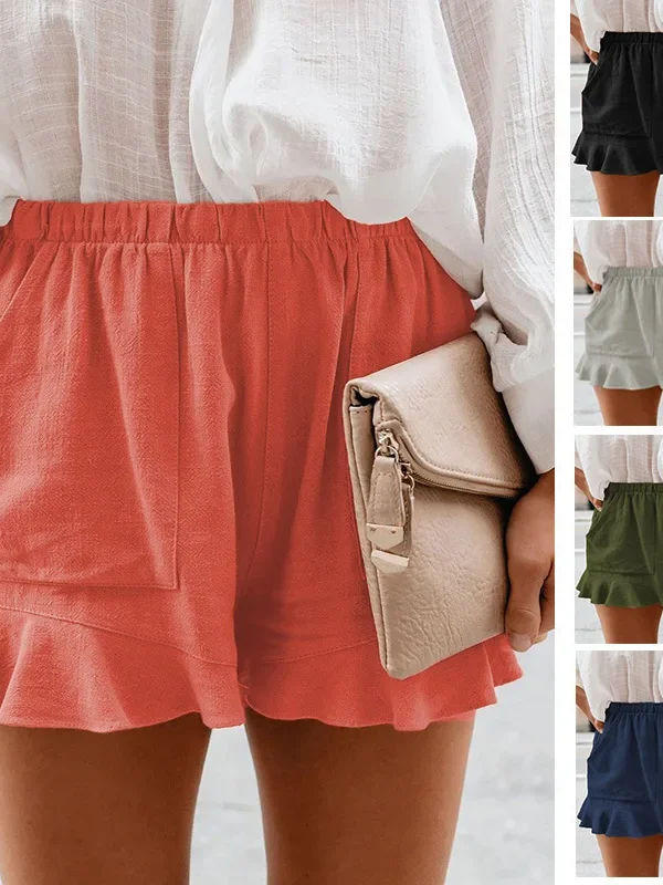 New summer cotton casual solid color high waist pleated loose straight shorts