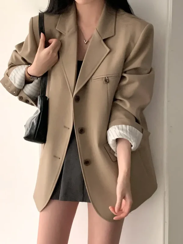Early Autumn Chic Loose Long Sve Single Button Women's Suit Jaet Versatile Korean Sle Commute Pure Color Faion
