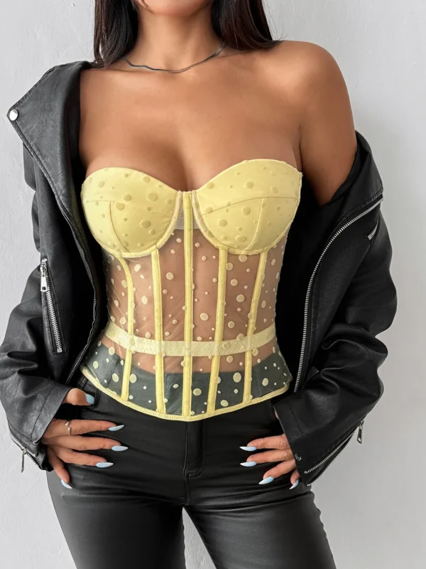 Dot Printed Mesh Strapless Corset Sleeveless Bones Bustier Tube Tops Y2k Clothing Party Clubwear for Women Summer Camisole Vests