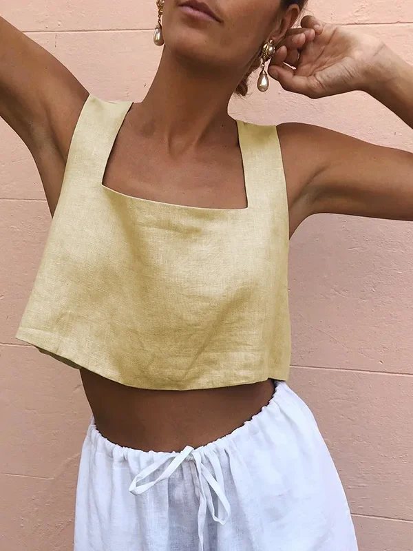 Chic Vintage White Linen Crop Top for Effortless Summer Style