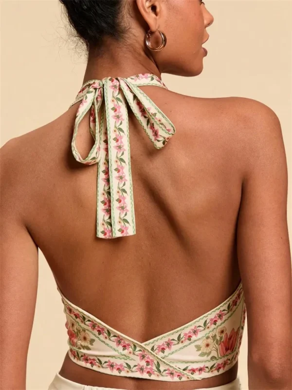 Knot Front Halter Crop Top for Women Summer Sleeveless Graphic Floral Printed V-neck Backless Tank Top Y2K Clothes