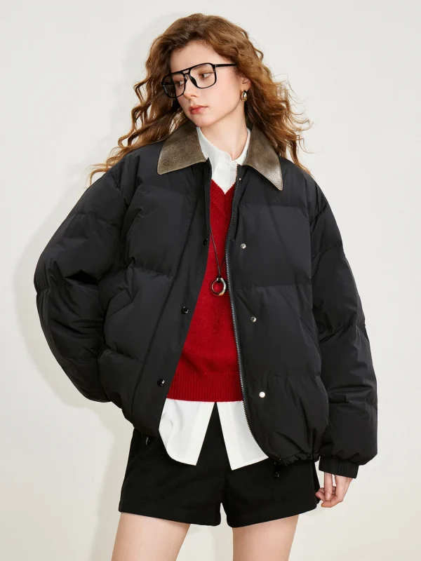 TOYOUTH Women 90% White Duck Down Jacket  Winter New Barn Style Spliced Leather Collar Thicking Wark Short Coat