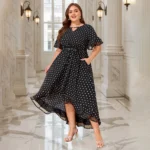 Elegant Plus Size Polka Dot V-Neck Maxi Dress with Pockets - Image 5