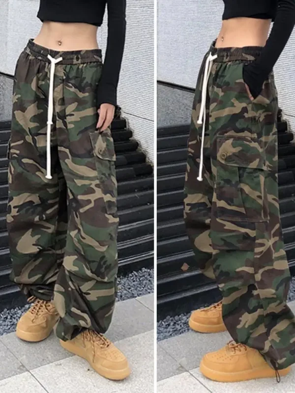 Camouflage Cargo Pants Women Streetwear Low Rise Jeans Retro Wide Leg Trousers Denim Straight Trousers Harajuku Pants