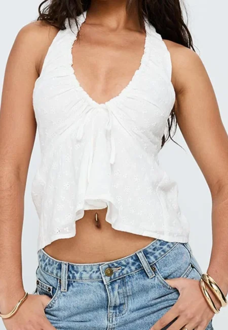 Summer Backless Halter Crop Top - Trendy Tie Design White Pink