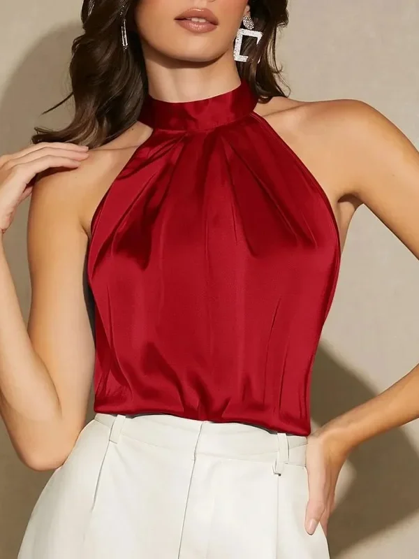 Elegant Satin Halter Neck Tank Tops Women's Sleeveless Solid Color T Shirt Basic Crop Tops Fashion Image Ladies Clothing Camisas