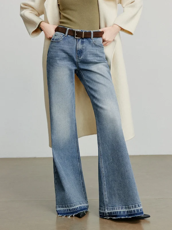 TOYOUTH Women Denim Jeans  Autumn New Gradient Washed Lycra Cotton Flare Pants
