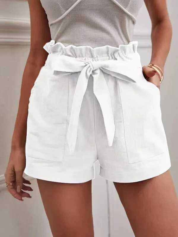 Europe and America Cross border New Summer Women's Loose Linen Casual Shorts Pockets Solid Large High Waist Wide Leg Pants